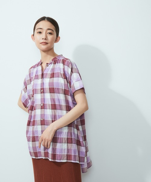 SALON adam et rope'（サロン アダム エ ロペ）の「【洗える】シルク混チェックオーバーシャツブラウス（シャツ/ブラウス・レディース・パープル/オレンジ・FREE）」の2枚目の写真