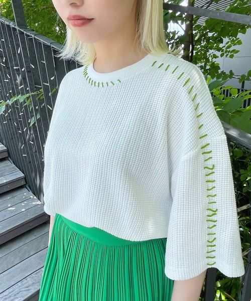 Figments(フィグメンツ)の「ステッチサマーニット(ニット/セーター・レディース・ホワイト/ブラック/カーキ・FREE)」の2枚目の写真