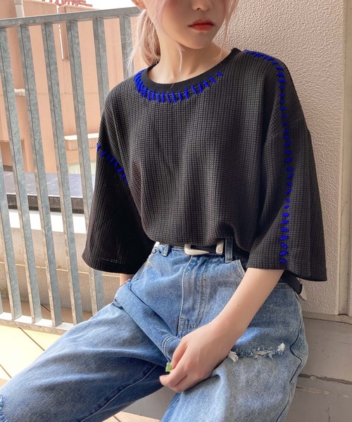 Figments(フィグメンツ)の「ステッチサマーニット(ニット/セーター・レディース・ホワイト/ブラック/カーキ・FREE)」の3枚目の写真