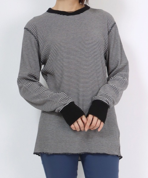 Healthknit（ヘルスニット）の「Healthknit（ヘルスニット）ベーシック ワッフルクルーネック長袖ロンＴ/サーマル無地・ボーダーリンガー/1P（Tシャツ/カットソー・レディース・オフホワイト/ネイビー×ホワイト/ブラック×ホワイト/レッド系その他/ブラック/ブルー系その他/ブラウン系その他/グリーン系その他/カーキブラウン・M/L/XL）」の21枚目の写真