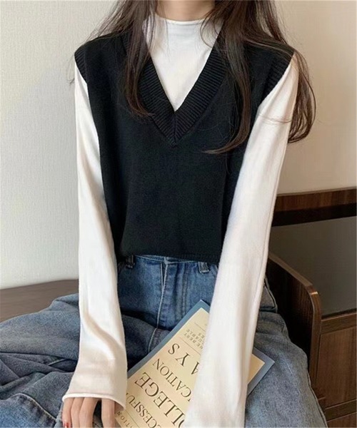 MAISON DE THERESE（メゾン ド テレーズ）の「Vネックニットベスト（ニット/セーター・レディース・ブラック/ベージュ・FREE）」の19枚目の写真