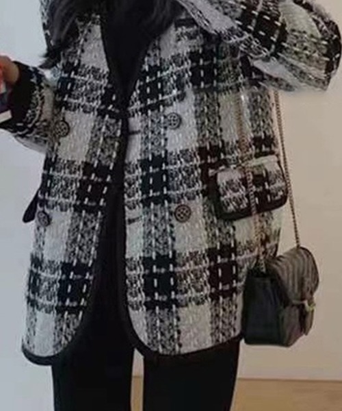 DAY CLOSET(デイ クローゼット)の「レディース レトロツイード風ノーカラーダブルジャケット(ノーカラージャケット・レディース・ブラック・M/L)」の8枚目の写真