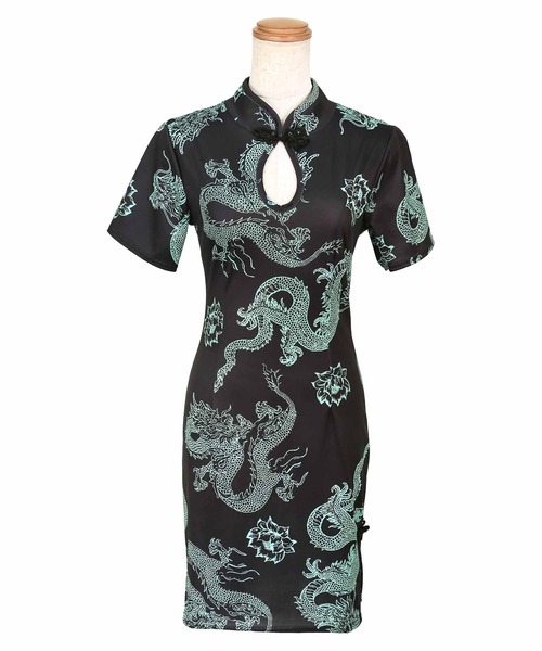 Tika（ティカ）の「コスプレ チャイナ セクシー 龍 ドラゴン 刺繍 スリット ミニ ドレス ワンピース（コスチューム/パーティーグッズ・レディース・ブラック×グリーン・XL/M/L）」の6枚目の写真