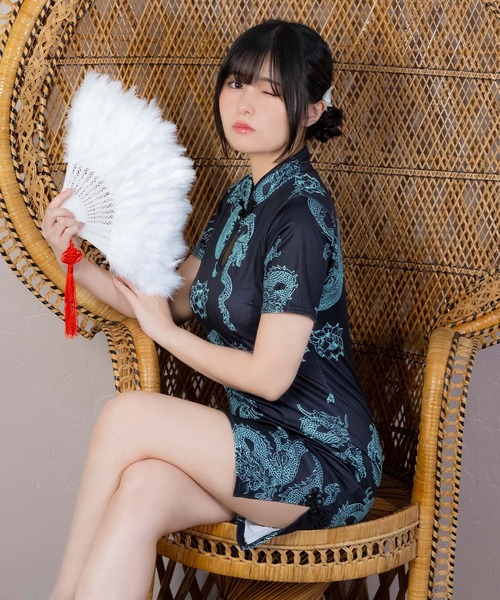 Tika（ティカ）の「コスプレ チャイナ セクシー 龍 ドラゴン 刺繍 スリット ミニ ドレス ワンピース（コスチューム/パーティーグッズ・レディース・ブラック×グリーン・XL/M/L）」の14枚目の写真