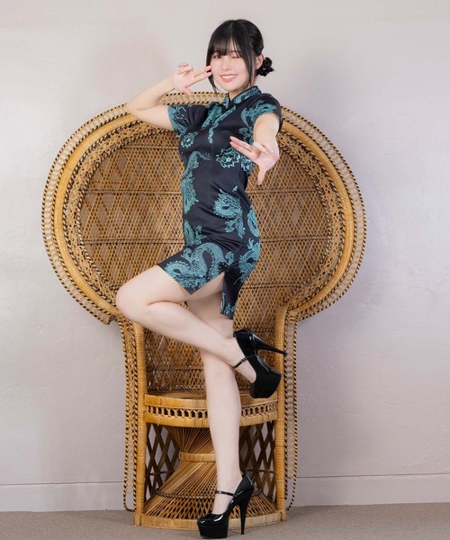 Tika（ティカ）の「コスプレ チャイナ セクシー 龍 ドラゴン 刺繍 スリット ミニ ドレス ワンピース（コスチューム/パーティーグッズ・レディース・ブラック×グリーン・XL/M/L）」の12枚目の写真