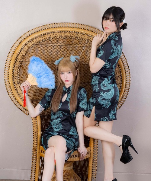 Tika（ティカ）の「コスプレ チャイナ セクシー 龍 ドラゴン 刺繍 スリット ミニ ドレス ワンピース（コスチューム/パーティーグッズ・レディース・ブラック×グリーン・XL/M/L）」の9枚目の写真