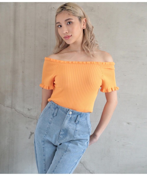 ANAP（アナップ）の「リブメローニットトップスカットソー（Tシャツ/カットソー・レディース・ブラック/グリーン/オレンジ/アイボリー・FREE）」の5枚目の写真