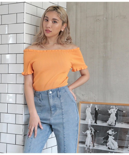 ANAP（アナップ）の「リブメローニットトップスカットソー（Tシャツ/カットソー・レディース・ブラック/グリーン/オレンジ/アイボリー・FREE）」の7枚目の写真