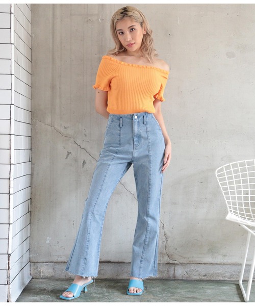 ANAP（アナップ）の「リブメローニットトップスカットソー（Tシャツ/カットソー・レディース・ブラック/グリーン/オレンジ/アイボリー・FREE）」の8枚目の写真