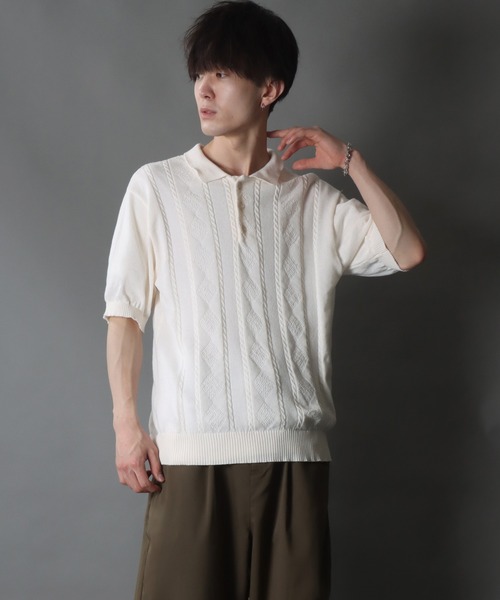 SITRY(シトリー)の「cable knitting polo shirt /ケーブル編み サマーニット ポロシャツ(ポロシャツ・メンズ・ブラック/ホワイト/ネイビー・L/XL/M)」の11枚目の写真