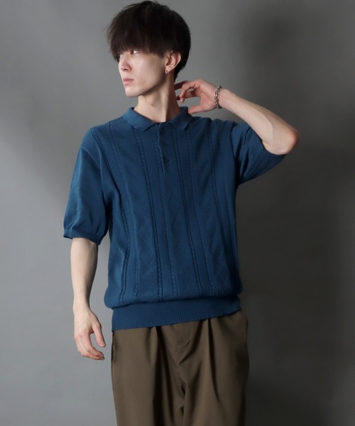 SITRY(シトリー)の「cable knitting polo shirt /ケーブル編み サマーニット ポロシャツ(ポロシャツ・メンズ・ブラック/ホワイト/ネイビー・L/XL/M)」の14枚目の写真