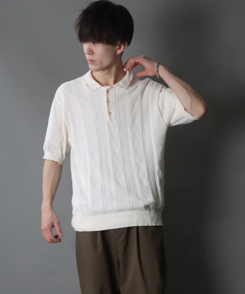 SITRY(シトリー)の「cable knitting polo shirt /ケーブル編み サマーニット ポロシャツ(ポロシャツ・メンズ・ブラック/ホワイト/ネイビー・L/XL/M)」の12枚目の写真