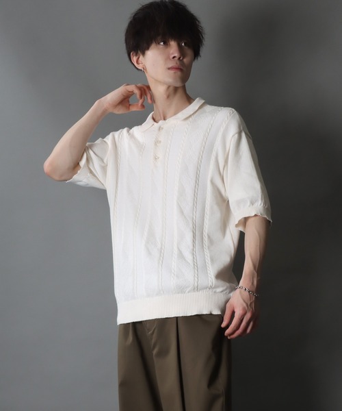 SITRY(シトリー)の「cable knitting polo shirt /ケーブル編み サマーニット ポロシャツ(ポロシャツ・メンズ・ブラック/ホワイト/ネイビー・L/XL/M)」の13枚目の写真