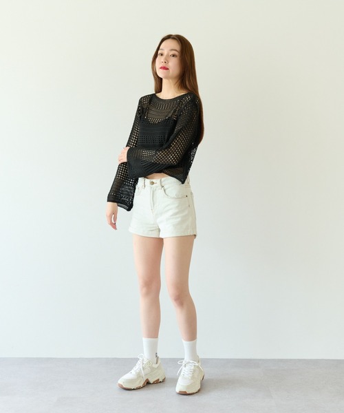 ECRIRE（エクリール）の「透かし編みニットショートトップス（ニット/セーター・レディース・ブラック/アイボリー/ホワイト・フリー）」の13枚目の写真