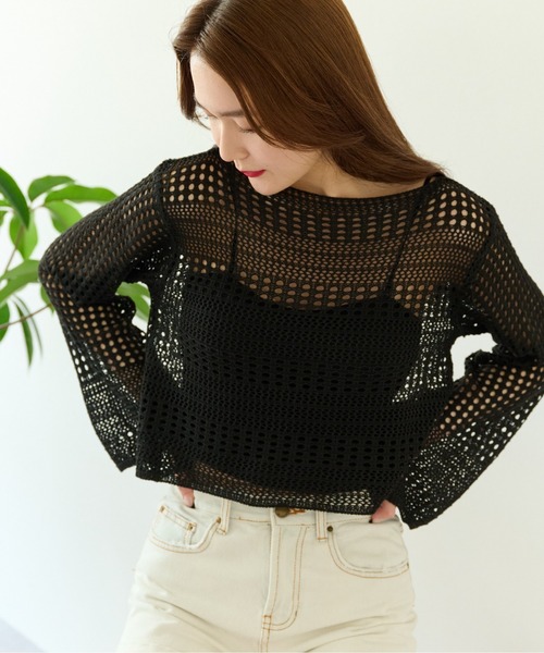 ECRIRE（エクリール）の「透かし編みニットショートトップス（ニット/セーター・レディース・ブラック/アイボリー/ホワイト・フリー）」の10枚目の写真