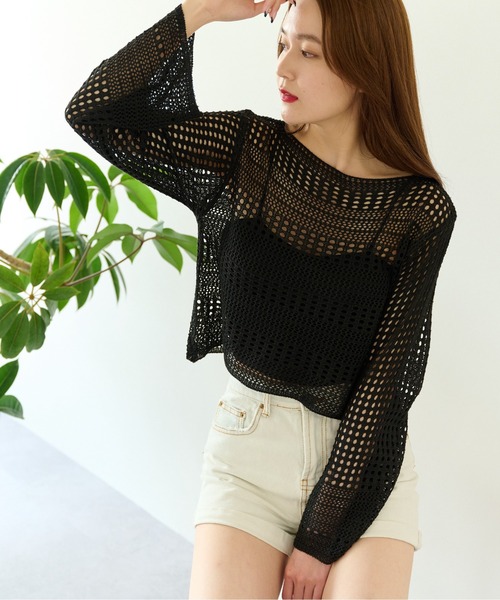 ECRIRE（エクリール）の「透かし編みニットショートトップス（ニット/セーター・レディース・ブラック/アイボリー/ホワイト・フリー）」の11枚目の写真