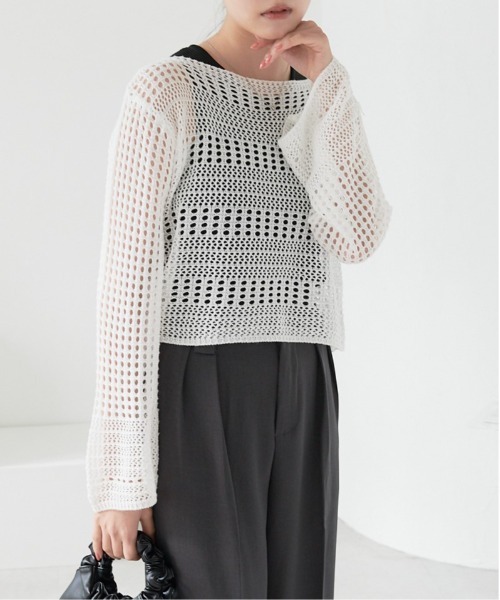 ECRIRE（エクリール）の「透かし編みニットショートトップス（ニット/セーター・レディース・ブラック/アイボリー/ホワイト・フリー）」の17枚目の写真