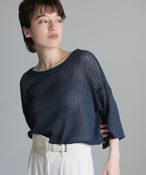 select MOCA(セレクトモカ)の「リネンタッチメッシュニットトップス(ニット/セーター・レディース・アイボリー/ブラック/ブルー/グリーン/ブラウン/グレイッシュベージュ・FREE)」の12枚目の写真