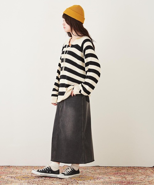 CUBE SUGAR(キューブシュガー)の「バルキーニットリボン付前後着プルオーバー(ニット/セーター・レディース・マスタード/ナチュラル/パープル/ホワイト×ブラック/ブラック・M)」の10枚目の写真