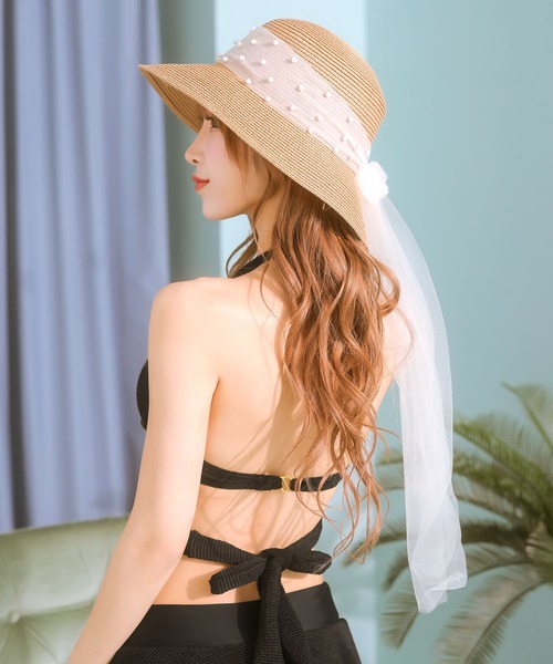 Tika(ティカ)の「麦わら帽子 リボン 水着小物 シアーパール リボン付き ストローハット(スイムグッズ・レディース・ブラウン・FREE)」の3枚目の写真