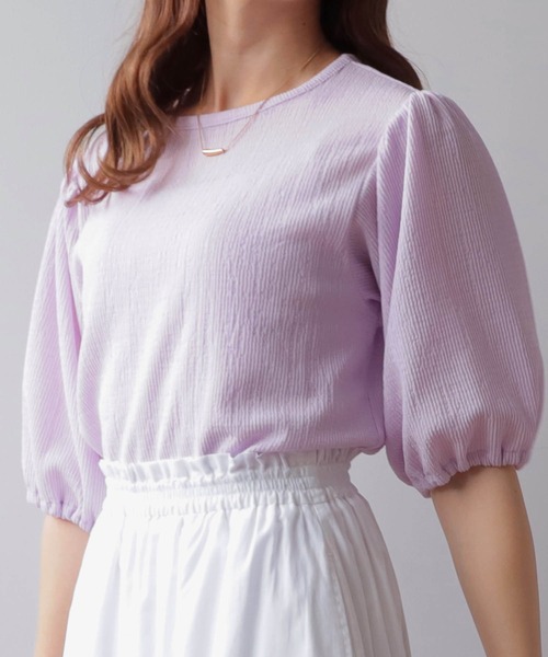 mil(ミル)の「【150㎝前後の小柄さんサイズ】パフスリーブシボトップス(Tシャツ/カットソー・レディース・ラベンダー/ブラック/オフホワイト/ベージュ・XS/S)」の4枚目の写真