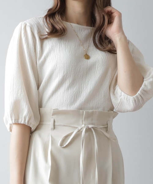 mil(ミル)の「【150㎝前後の小柄さんサイズ】パフスリーブシボトップス(Tシャツ/カットソー・レディース・ラベンダー/ブラック/オフホワイト/ベージュ・XS/S)」の1枚目の写真