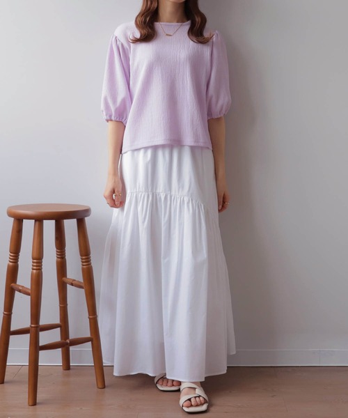 mil(ミル)の「【150㎝前後の小柄さんサイズ】パフスリーブシボトップス(Tシャツ/カットソー・レディース・ラベンダー/ブラック/オフホワイト/ベージュ・XS/S)」の9枚目の写真