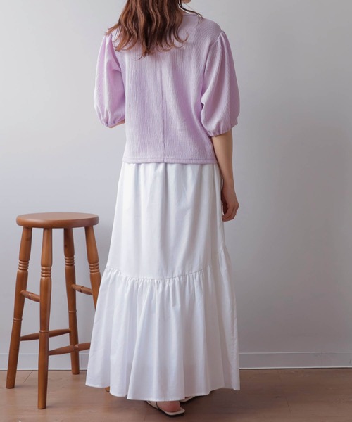mil(ミル)の「【150㎝前後の小柄さんサイズ】パフスリーブシボトップス(Tシャツ/カットソー・レディース・ラベンダー/ブラック/オフホワイト/ベージュ・XS/S)」の6枚目の写真
