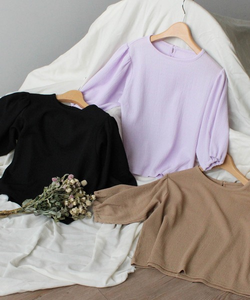 mil(ミル)の「【150㎝前後の小柄さんサイズ】パフスリーブシボトップス(Tシャツ/カットソー・レディース・ラベンダー/ブラック/オフホワイト/ベージュ・XS/S)」の13枚目の写真
