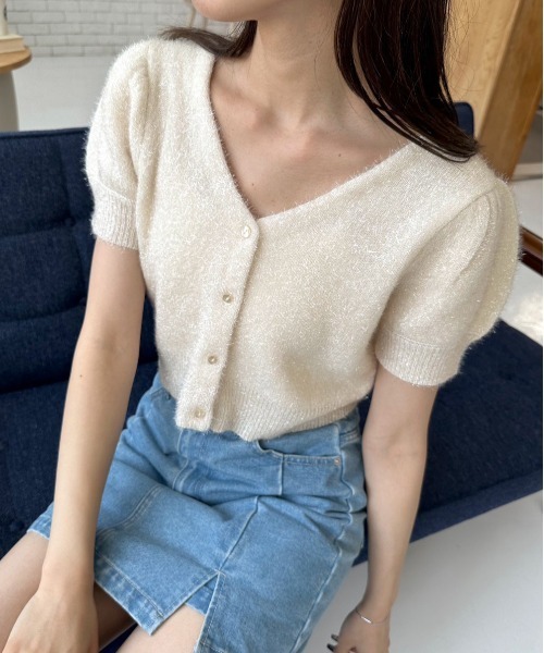 OLIVE des OLIVE（オリーブデオリーブ）の「キラキラ半袖ニット　1032050090（カーディガン/ボレロ・レディース・ピンク/アイボリー/ブルー・FREE）」の2枚目の写真