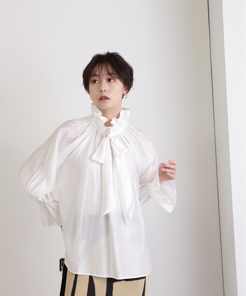N.(N. Natural Beauty Basic)(エヌエヌナチュラルビューティーベーシック)の「◆シルキーローンフリルネックブラウス(シャツ/ブラウス・レディース・ホワイト/ピンク/ブルー/ネイビー・MEDIUM)」の6枚目の写真