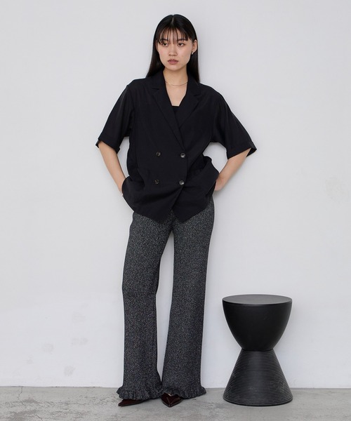 リブ編みフリル裾パンツ ブラック リブ編みフリル裾パンツ ブラック