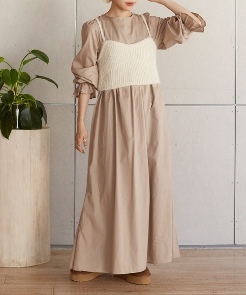 w closet（ダブルクローゼット）の「後ろリボンワンピース×ニットキャミセット（ワンピース・レディース・ベージュ/スミクロ/キナリ・FREE）」の3枚目の写真