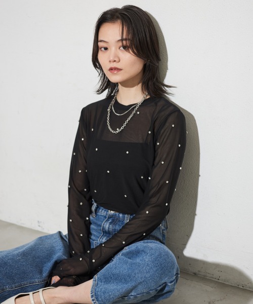 Shelly island（シェリーアイランド）の「ビジュー付きメッシュトップス（Tシャツ/カットソー・レディース・ホワイト/ブラック/ブルー・FREE）」の3枚目の写真