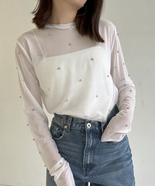 Shelly island（シェリーアイランド）の「ビジュー付きメッシュトップス（Tシャツ/カットソー・レディース・ホワイト/ブラック/ブルー・FREE）」の8枚目の写真