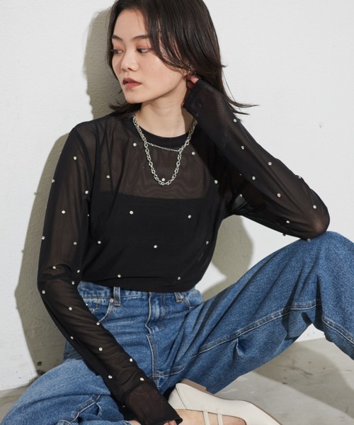 Shelly island（シェリーアイランド）の「ビジュー付きメッシュトップス（Tシャツ/カットソー・レディース・ホワイト/ブラック/ブルー・FREE）」の9枚目の写真