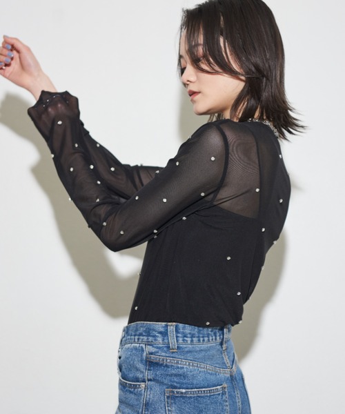 Shelly island（シェリーアイランド）の「ビジュー付きメッシュトップス（Tシャツ/カットソー・レディース・ホワイト/ブラック/ブルー・FREE）」の11枚目の写真