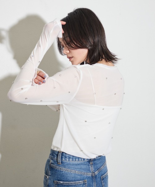 Shelly island（シェリーアイランド）の「ビジュー付きメッシュトップス（Tシャツ/カットソー・レディース・ホワイト/ブラック/ブルー・FREE）」の5枚目の写真