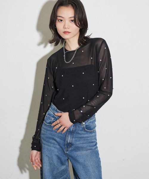 Shelly island（シェリーアイランド）の「ビジュー付きメッシュトップス（Tシャツ/カットソー・レディース・ホワイト/ブラック/ブルー・FREE）」の10枚目の写真