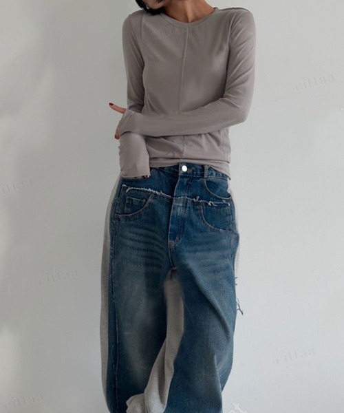 Dalfwin(ダールフィン)の「韓国ファッション サムホール付きフロントラインシンプルトップス(Tシャツ/カットソー・レディース・アイボリー/ブラック/カーキ/チャコールグレー・FREE)」の16枚目の写真