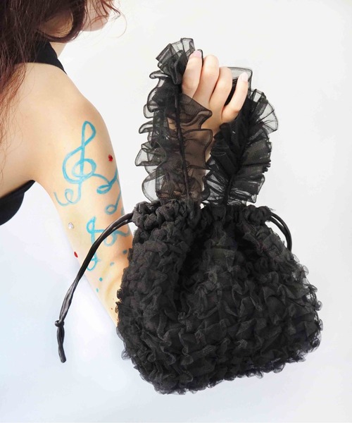 HEY!MrsROSE（ヘイミセスローズ）の「HEY! Mrs ROSE(ヘイ！ミセスローズ)Tulle Smocking BAG（ハンドバッグ・レディース・ピンク/ブラック・FREE）」の2枚目の写真