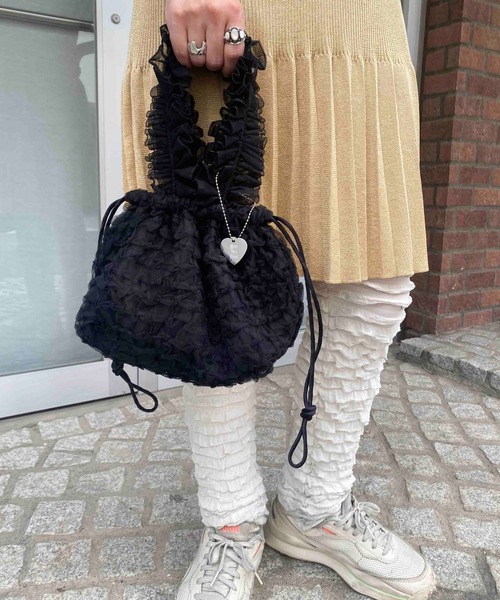 HEY!MrsROSE（ヘイミセスローズ）の「HEY! Mrs ROSE(ヘイ！ミセスローズ)Tulle Smocking BAG（ハンドバッグ・レディース・ピンク/ブラック・FREE）」の5枚目の写真