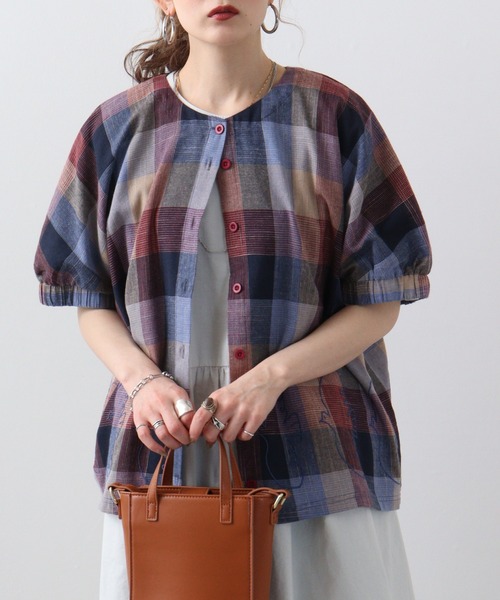 ブラウス シャツ EMAGO チェック袖ギャザーブラウス レディース EMAGO チェック袖ギャザーブラウス（シャツ/ブラウス）｜Emago