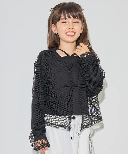 BISKEE(ビスキー)の「【セットアイテム】 リボンメッシュカーディガン×スクエアネックカットソー(140cm~160cm)(Tシャツ/カットソー・キッズ・サックスブルー/ブラック・140cm/150cm/160cm)」の2枚目の写真