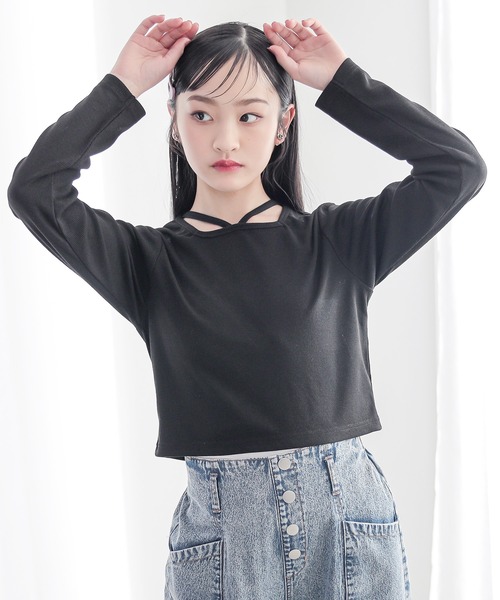BISKEE(ビスキー)の「【セットアイテム】 リボンメッシュカーディガン×スクエアネックカットソー(140cm~160cm)(Tシャツ/カットソー・キッズ・サックスブルー/ブラック・140cm/150cm/160cm)」の6枚目の写真