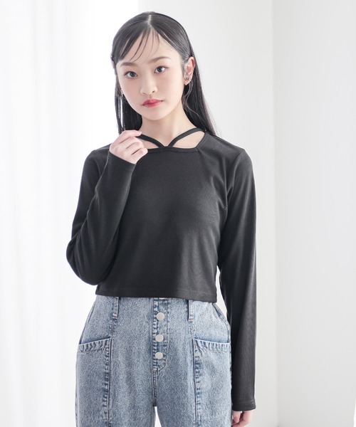 BISKEE(ビスキー)の「【セットアイテム】 リボンメッシュカーディガン×スクエアネックカットソー(140cm~160cm)(Tシャツ/カットソー・キッズ・サックスブルー/ブラック・140cm/150cm/160cm)」の5枚目の写真