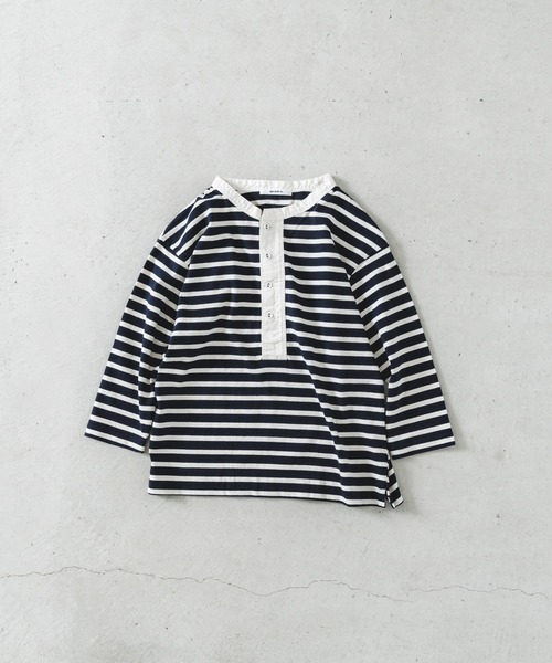 quadro(クオドロ)の「ドライ天竺ボーダーヘンリーネックプルオーバー(Tシャツ/カットソー・レディース・キナリ/ネイビー/モカ・FREE)」の1枚目の写真