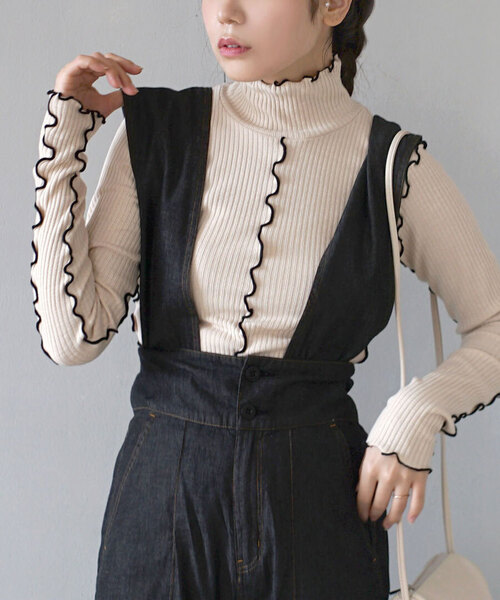 セール】バイカラーメロウ リブタートルカットソー（Tシャツ