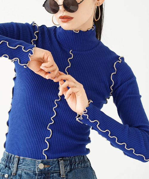 MIMIMEMETE(ミミメメット)の「バイカラーメロウ リブタートルカットソー(Tシャツ/カットソー・レディース・アイボリー/ブルー/チャコール/グリーン・L/M)」の14枚目の写真