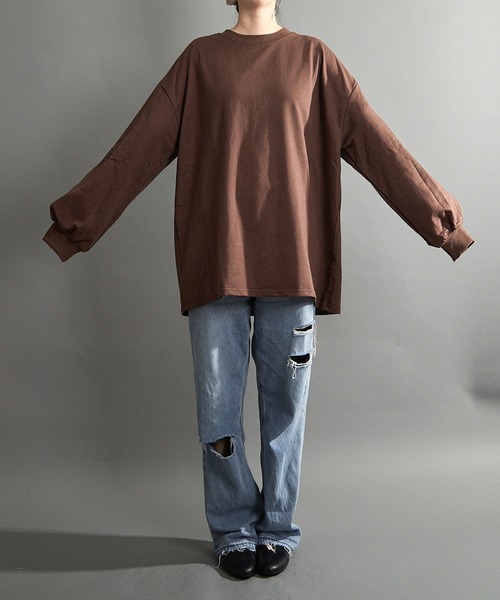 almo(アルモ)の「【emaan】ロングスリーブTシャツ ビック シルエット(Tシャツ/カットソー・レディース・グレー/ブラック/ベージュ/ブラウン/ホワイト・FREE)」の4枚目の写真